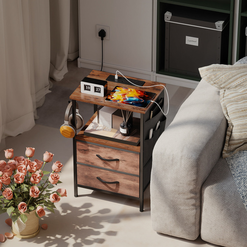 HOMCOM Bedside Table with Charging Station - Rustic Brown
