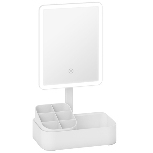 HOMCOM Makeup Mirror with Lights, Rechargeable Vanity Mirror w/ Touch Screen, 2 Lighting Modes and 180° Rotation, White