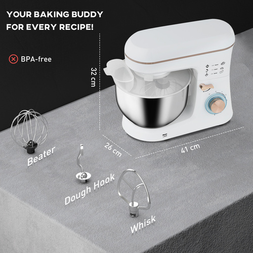 HOMCOM Stand Mixer, 5L Food Mixer for Baking, 6 Speeds and Pulse Setting, 1400W Cake Electric Kitchen Mixer with Dough Hook, Whisk, Stainless Steel Bowl, Splash Guard, Beater, White