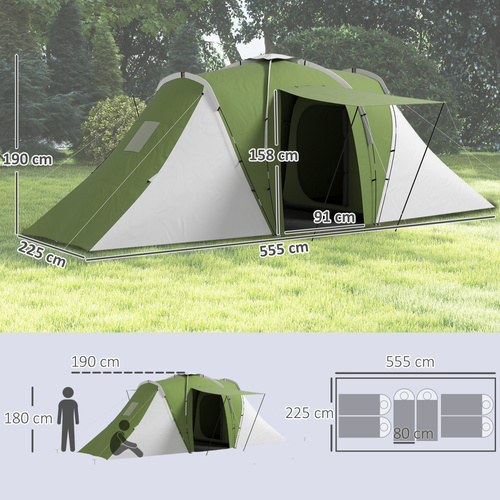 Outsunny Large Camping Tent Tunnel Tent with 2 Bedroom and Living Area, 2000mm Waterproof, Portable with Bag for 4-6 Man, Green