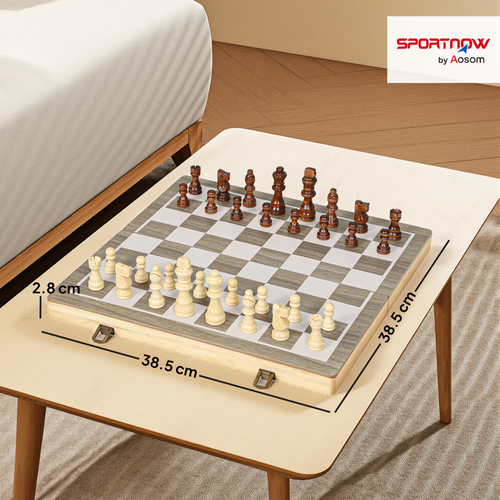 SPORTNOW 15 Inch Chess Set, Foldable Chess and Draughts Set, Brown