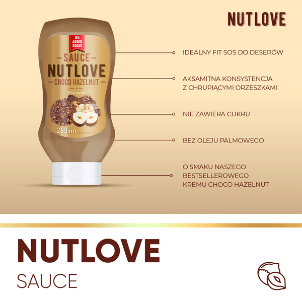 Allnutrition Nutlove Sauce Choco Hazelnut Sos na Bazie Kremu Orzechowego o Smaku Kakaowym 280ml