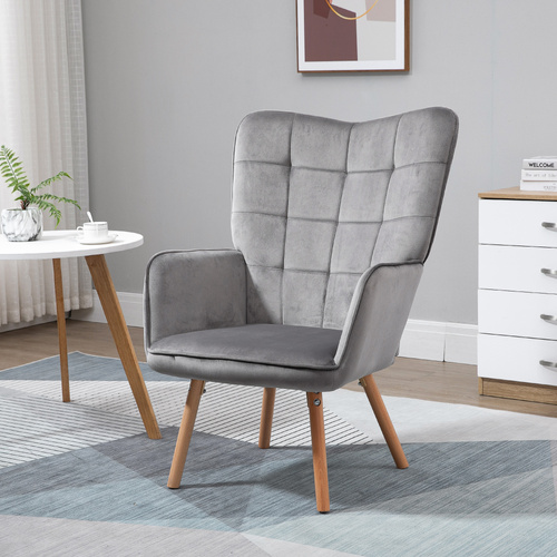 HOMCOM Modern Accent Chair, Upholstered Tufted Wingback Armchair with Seat Padding, Velvet Leisure Lounge Bedroom Chair with Wood Legs, Grey
