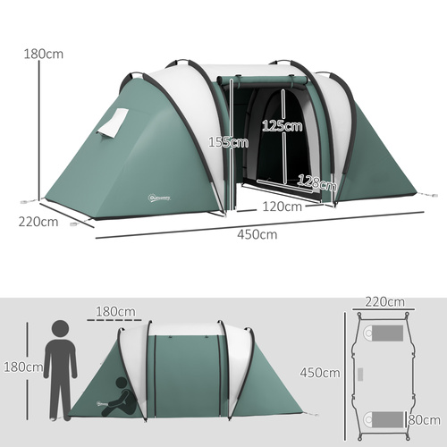 Outsunny Two-Man Tent, with Bedrooms, Living Room and Canopy - Dark Green