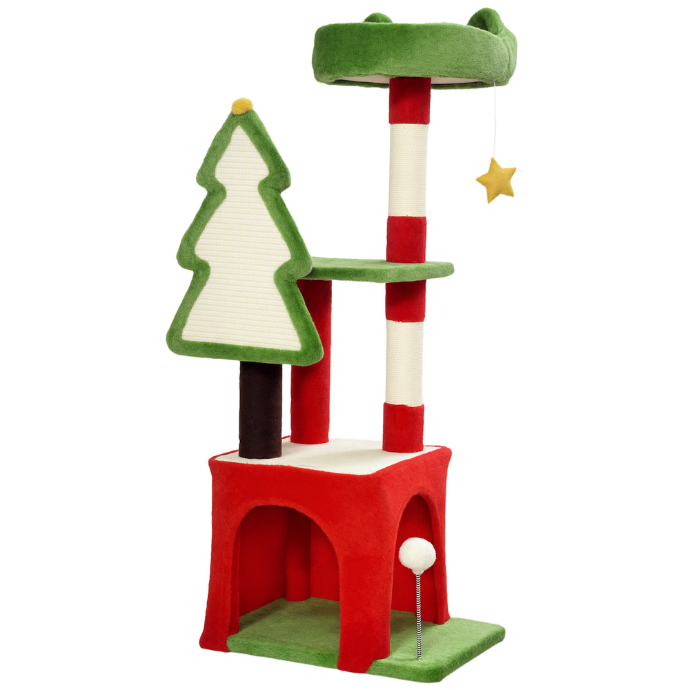 PawHut Christmas Cat Tree, 120cm Cat Tower with Scratching Post & Board, Platform, Toys, Green