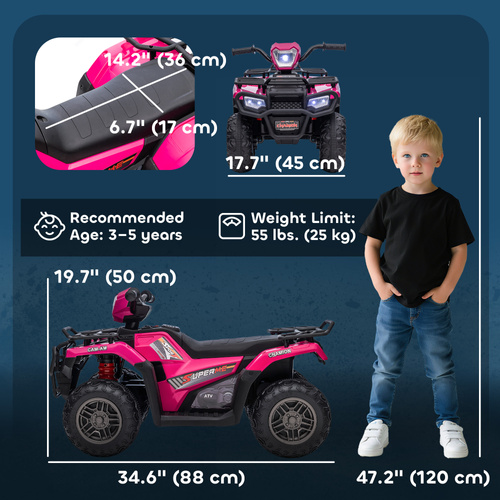 HOMCOM 12V Kids Quad Bike with Forward, Reverse Functions, Ride-On ATV w/ Music, LED, Headlights, for Ages 3-5 Years - Pink