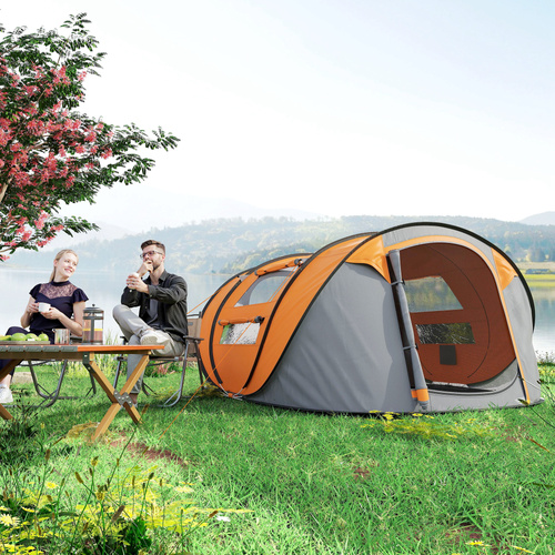 Outsunny 4 Person Pop-up Camping Tent Family Tent with Ground Sheet, 4 Windows and Portable Carry Bag for Beach Outdoor Trip, Orange