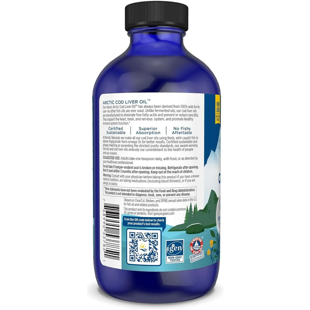 Nordic Naturals Arctic Cod Liver Oil Olej z Wątroby Dorsza Arktycznego Zdrowie Układu Odpornościowego Serca i Mózgu Smak Naturalny 237ml