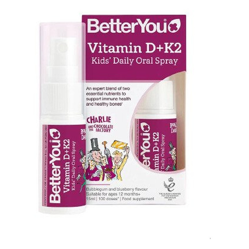 BetterYou Witamina D+K2 Kids Spray doustny, Guma balonowa i borówka 15ml