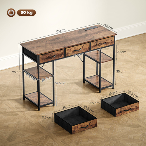 HOMCOM 120cm Computer Desk with Power Outlets, Office Desk Study Table with Fabric Drawers and Storage Shelves, Rustic Brown