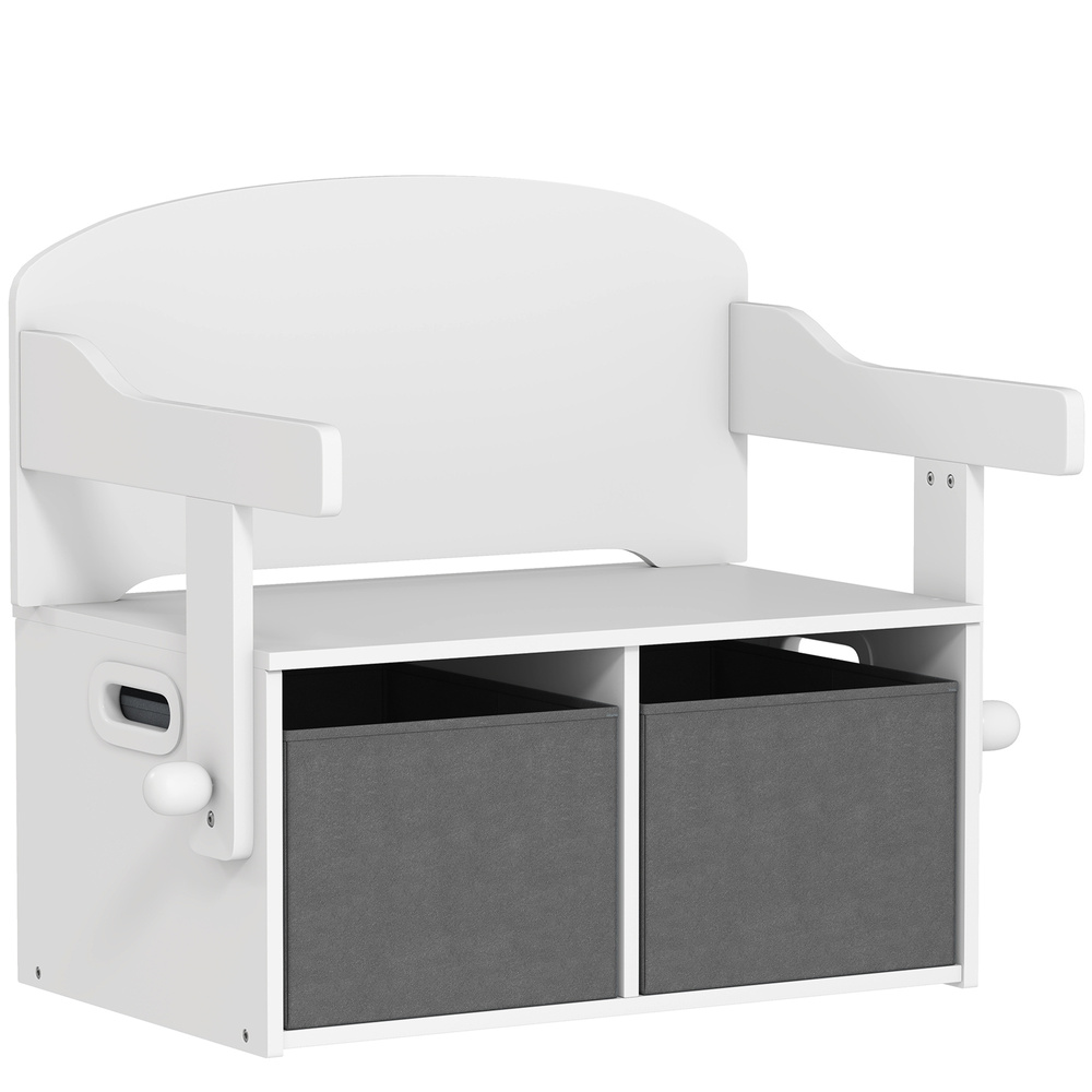 AIYAPLAY 3 in 1 Kids Storage Bench, Convertible Children Table and Chair Set with 2 Fabric Bins, Toy Storage Box, White