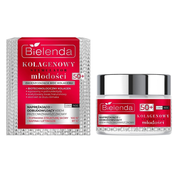 Bielenda Collagen Youth Stimulator Naprężająco - Odbudowujący Krem Przeciwzmarszczkowy 50+ dla Skóry Dojrzałej Wrażliwej na Dzień i na Noc 50ml