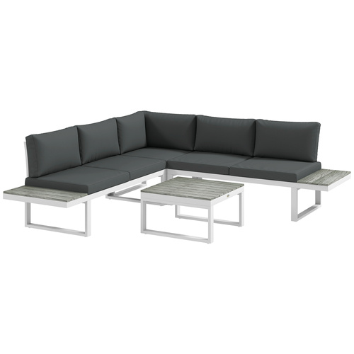Outsunny 4 Pieces Garden Furniture Set, 5-Level Reclining Garden Corner Sofa Set, Outdoor Lounge Conversation Sectional with Cushions, Wood Effect Plastic Table, White Frame & Grey Cushion