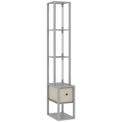 HOMCOM Floor Lamp with Shelves, LED Column Modern Standing Lamp with Fabric Drawer, Adjustable Brightness, Foot Switch for Living Room, Bedroom, Office, Grey