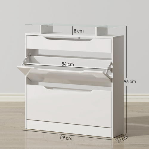 HOMCOM Shoe Storage Cabinet with Slide Out Drawer, 2 Flip Doors, Tempered Glass Top - White