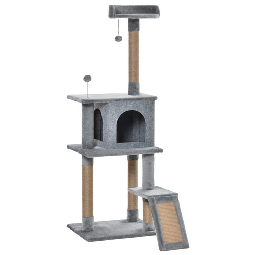 PawHut Cat Tree Tower 142cm Climbing Kitten Activity Center with Jute Scratching Post Board, Removable Felt Hanging Toy, Grey