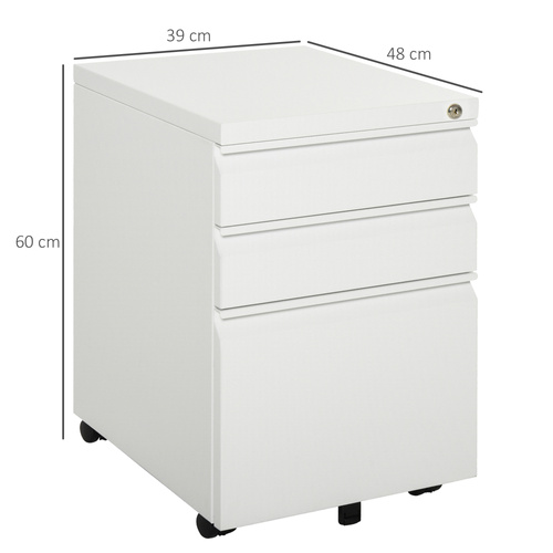 Vinsetto 3 Drawer Filling Cabinet, Mobile Metal File Cabinet with Anti-tilt Design for Letter, A4, Legal Size, White
