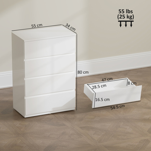HOMCOM High Gloss Chest of Drawers, 4-Drawer Storage Cabinets, Modern Dresser for Bedroom, White