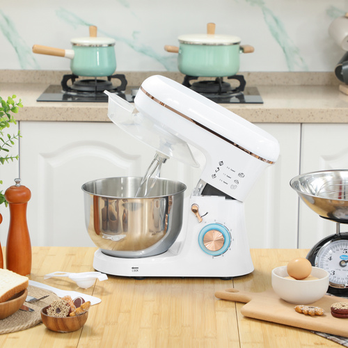 HOMCOM Stand Mixer, 5L Food Mixer for Baking, 6 Speeds and Pulse Setting, 1400W Cake Electric Kitchen Mixer with Dough Hook, Whisk, Stainless Steel Bowl, Splash Guard, Beater, White