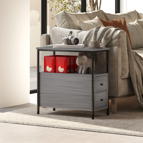 HOMCOM Side Table, Narrow Bedside Table with 2 Drawers and Storage Shelf, Industrial End Table with Metal Frame for Small Spaces, Grey Wood Grain