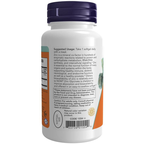 Now Foods Zinc Glycinate Wspomaga Układ Odpornościowy i Zdrowie Skóry 120 Kapsułek