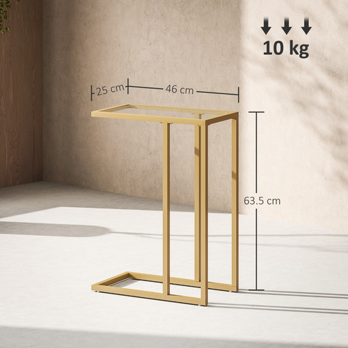 HOMCOM C-Shaped Side Table, Modern Slim End Table with Tempered Glass Tabletop, Steel Frame for Small Space, Living Room, Bedroom, Gold Tone