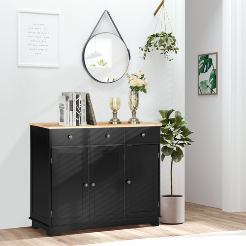 HOMCOM Sideboard with Rubberwood Top and Adjustable Shelves for Dining Room, Kitchen - Black