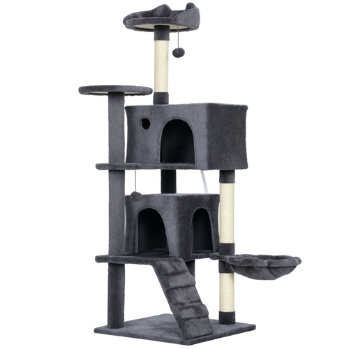 PawHut 140cm Large Cat Tree Tower with Sisal Scratching Posts, Cat Houses, Plush Perches, Hammock, Ladder, Dark Grey