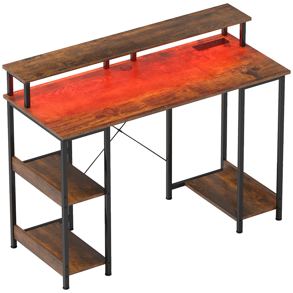HOMCOM LED Computer Desk, with Power Outlets and Shelves - Rustic Brown