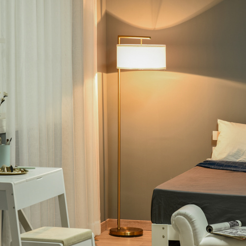 HOMCOM Floor Lamp, Modern Standing Lamp with Linen Lampshade, Round Base for Living Room, Bedroom, Dining Room, 153cm, Gold and White
