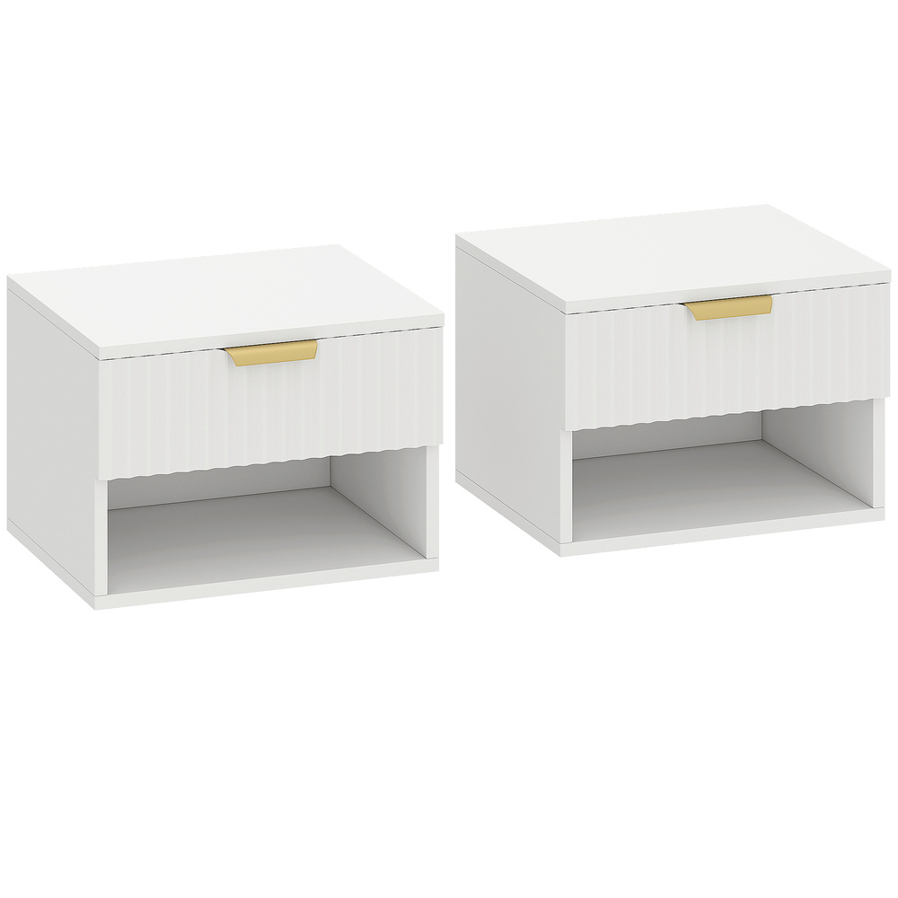 HOMCOM Floating Nightstands Set of 2, Modern Wall Mounted Bedside Tables with Fluted Drawer and Open Shelf for Bedroom, White