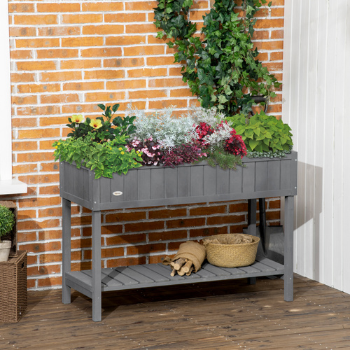 Outsunny Fir Wood Raised Rectangular 8 Compartment Plant Stand Dark Grey
