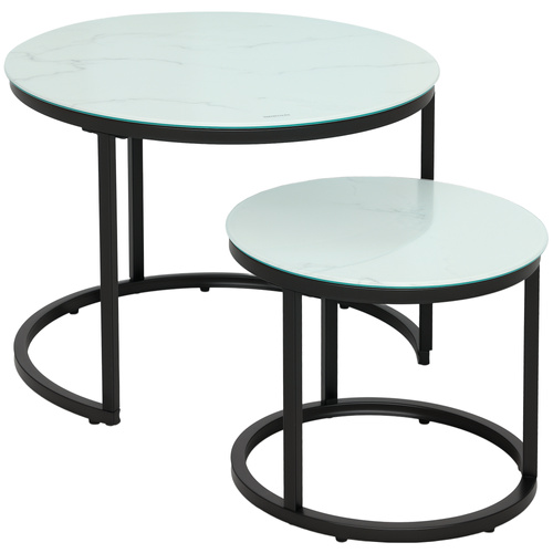 HOMCOM Glass Coffee Table Set of 2, Round Nest of Tables with Marble-Effect Tempered Glass Tabletop and Steel Frame, Modern Side Tables for Living Room, White