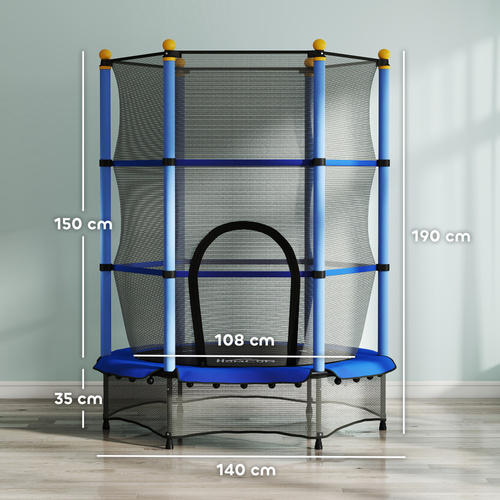 HOMCOM 4.6FT/55" Kids Trampoline with Enclosure Net, Outdoor Indoor Use, for Ages 3-10 Years, Blue