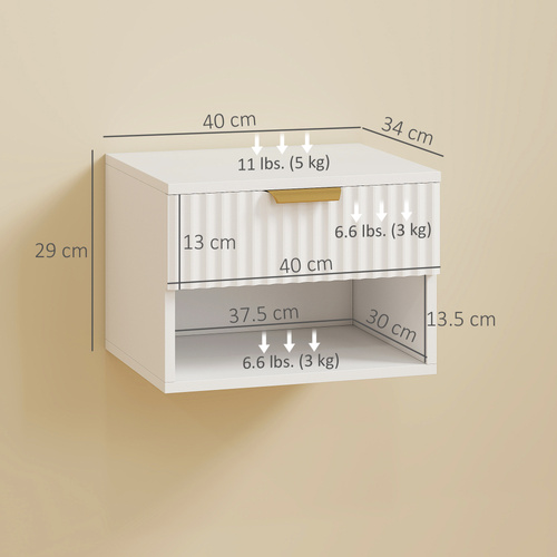 HOMCOM Floating Nightstands Set of 2, Modern Wall Mounted Bedside Tables with Fluted Drawer and Open Shelf for Bedroom, White