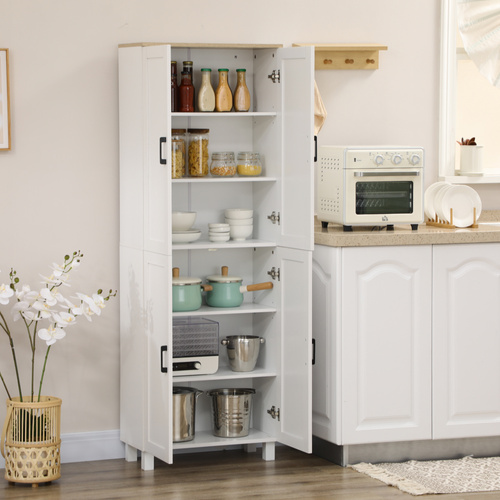 HOMCOM Freestanding Kitchen Cupboard, 4-Door Storage Cabinet Organizer with Adjustable Shelves White Embossed Wood Grain
