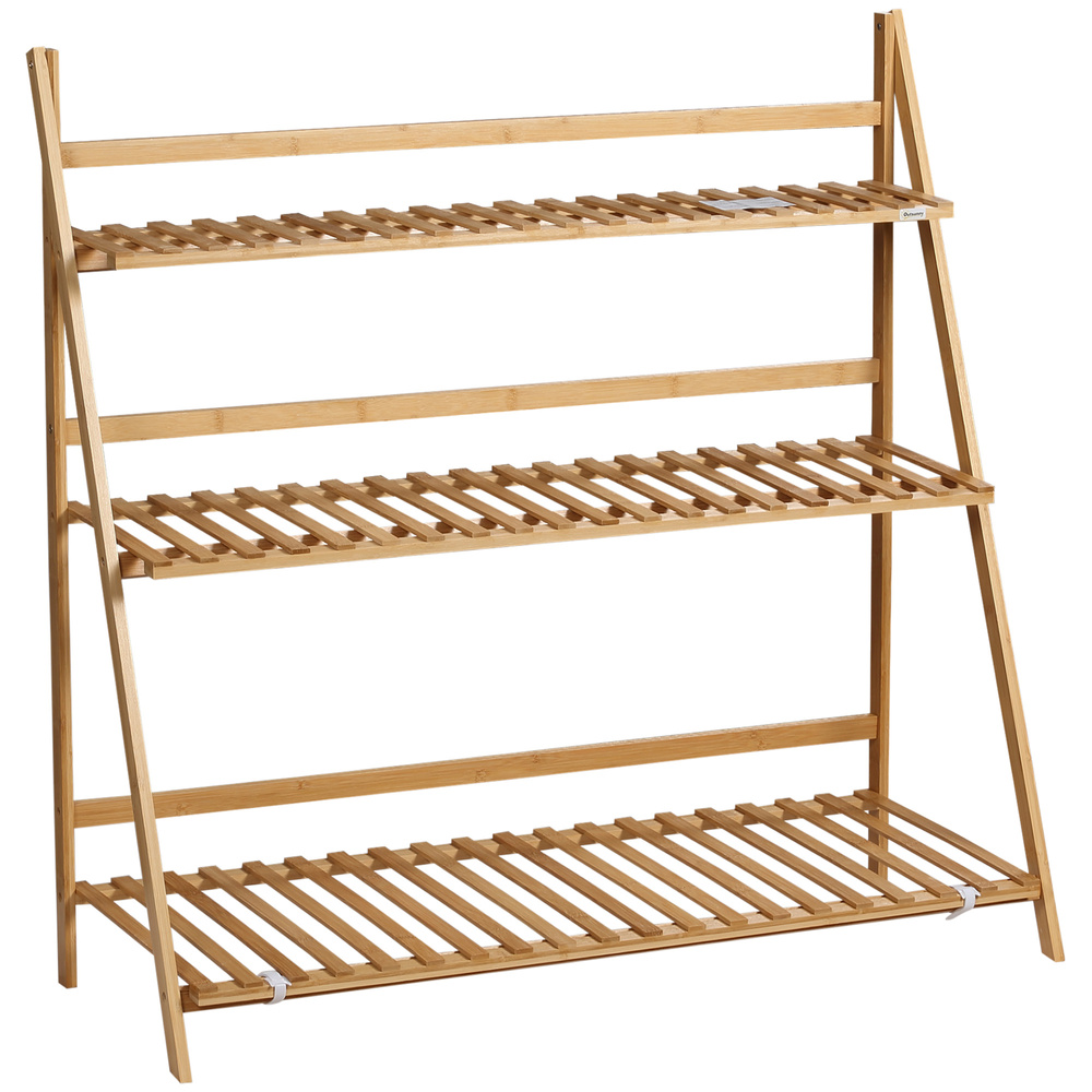Outsunny 3-Tier Plant Stand, Plant Shelf Rack, Folding Bamboo Display Stand, 98x37x96.5cm, Natural