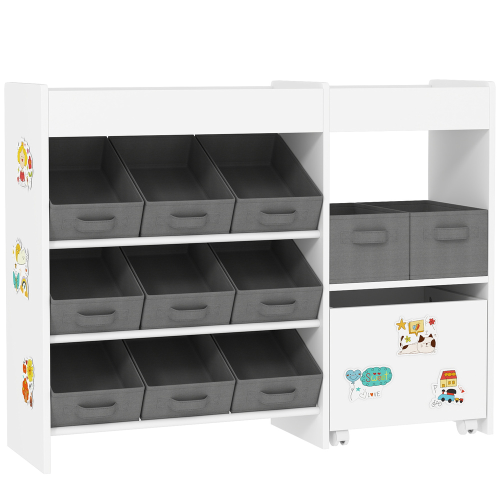 AIYAPLAY Kids Toy Storage Unit with 11 Bins, Cabinet, Top Shelves, 3 Stickers, for Nursery, Playroom, White