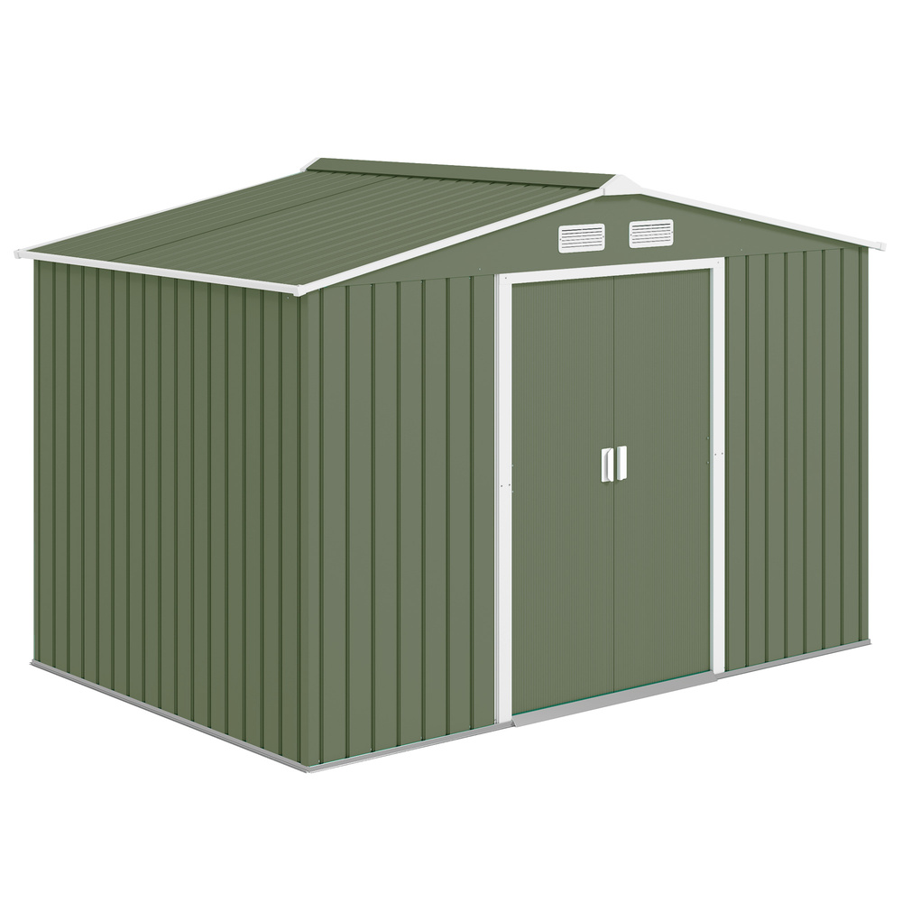 Outsunny 9 x 6ft Metal Garden Shed, Outdoor Storage Tool House with Ventilation Slots, Foundation Kit and Lockable Double Doors, Light Green