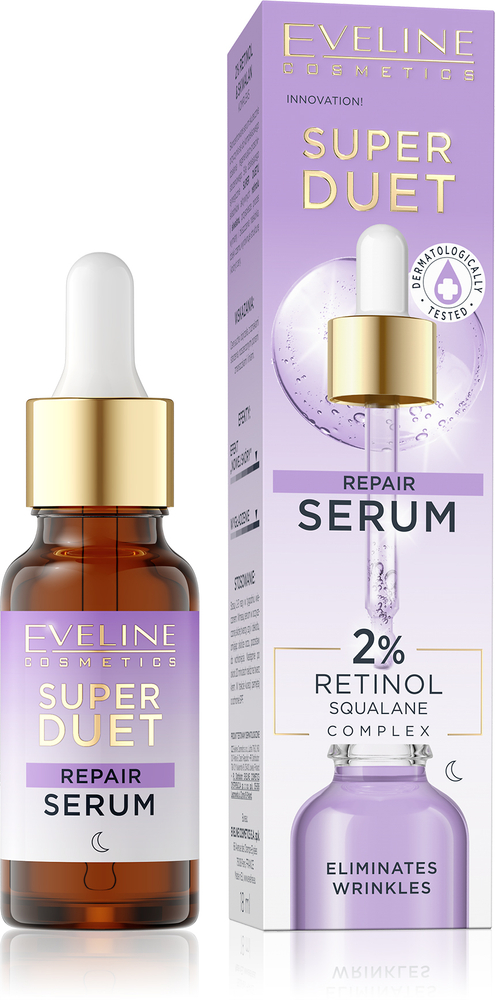 Eveline Super Duet Repair Skoncentrowane Serum Naprawcze z 2% Retinolem i Compleksem Skwalanu dla Skóry Suchej i Dojrzałej na Noc 18ml