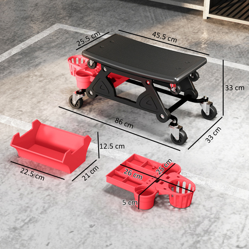 HOMCOM Rolling Mechanic Stool, 135kg Capacity Workshop Stool with 360° Swivel Wheels, Roller Creeper Seat with Slide Out Tool Trays, Drawer, Bottle Holders for Garage, Shop, Auto Repair, Red