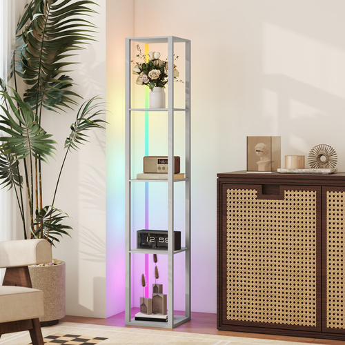 HOMCOM RGB LED Floor Lamp with Shelves, Modern Dimmable Standing Lamp with Remote Control, Adjustable Brightness & Speed for Living Room, Bedroom, Office, Grey