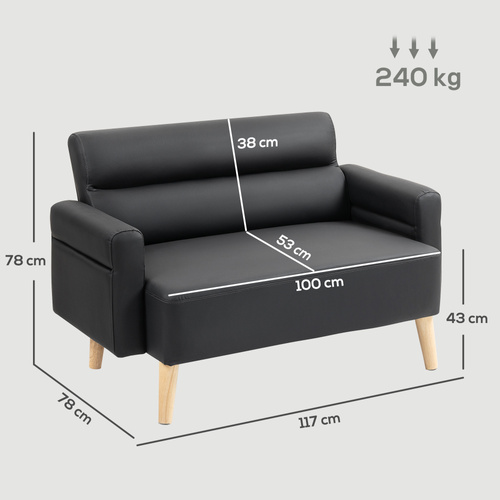 HOMCOM Small Faux Leather 2 Seater Sofa Settee - Black