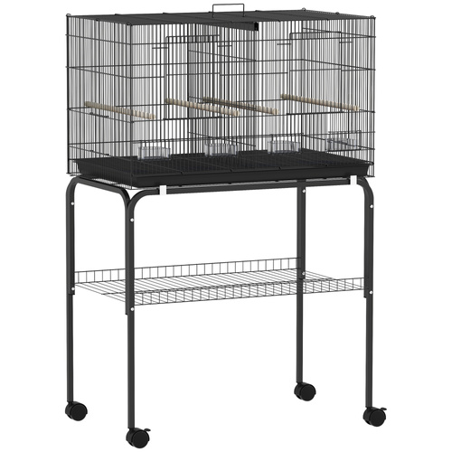 PawHut Bird Cage with Divider, 4 Wooden Perches, Slide Out Tray, 4 Feeders, for Budgie, Lovebird, Canary, 76 x 46 x 116cm Black