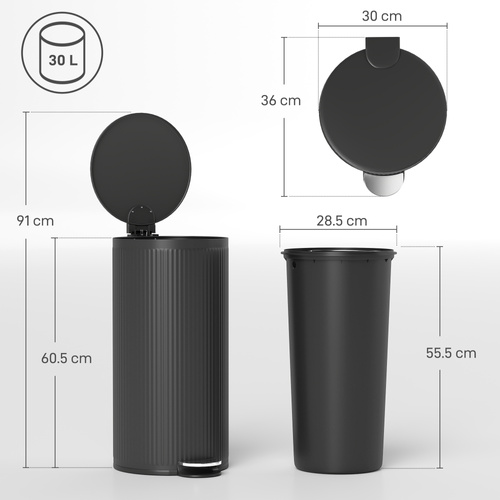 HOMCOM 30 Litre Pedal Kitchen Bin with Soft Close and Stay Open Lid, Rubbish Bin with Removable Inner Bucket for Kitchen, Office, Home, Black