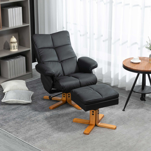 HOMCOM PU Leather Swivel Recliner Chair with Footstool, Wooden Base and Storage for Living Room, Black