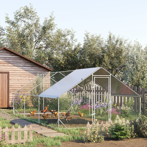 PawHut Large Hen Coop, Galvanised Walk In Chicken Run with Cover, 6 x 3 x 2m, Silver