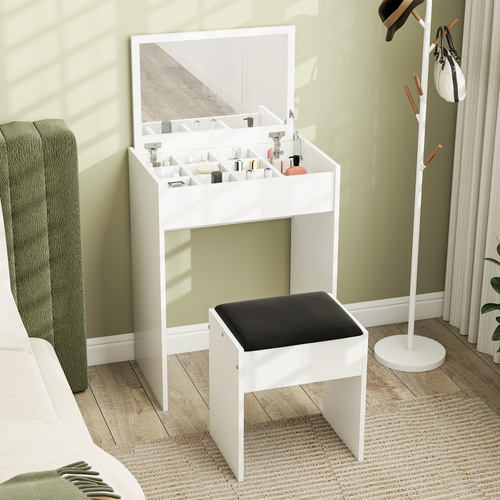 HOMCOM Dressing Table with Mirror and Stool, Vanity Makeup Table with Flip Up Mirror, Vanity Desk with Storage Unit and Padded Seat, White