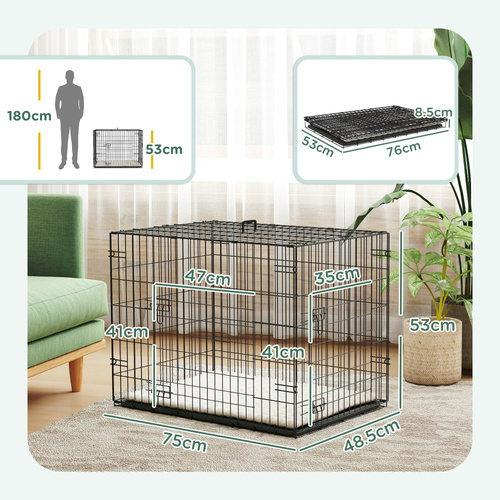 PawHut Foldable Dog Crate with 2 Doors with Tray, Soft Cushion, for Small Dogs, 75 x 49 x 53 cm, Black