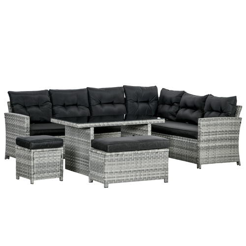 Outsunny 5-Piece Rattan Patio Furniture Set with Corner Sofa, Footstools, Glass Coffee Table, Cushions, Mixed Grey